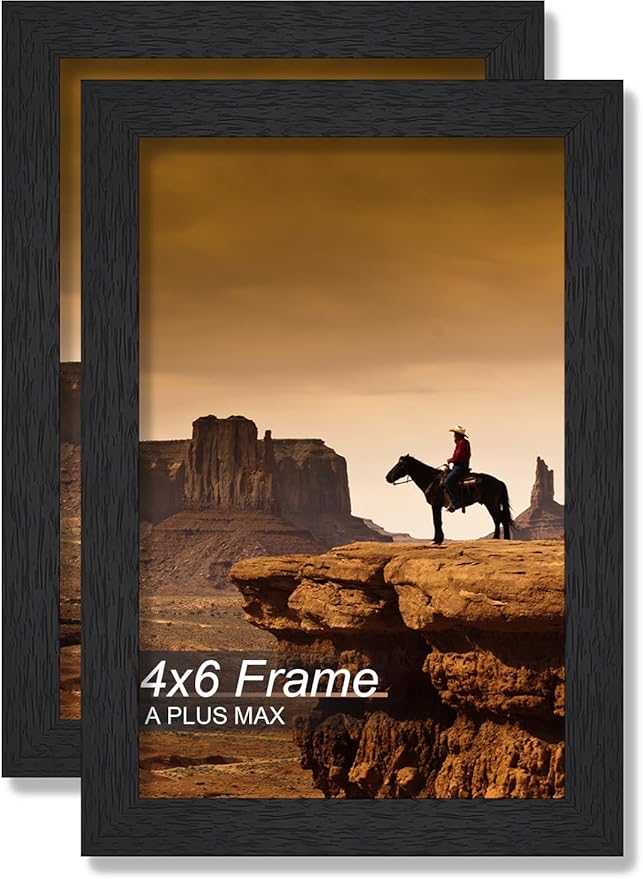 A PLUS MAX 4x6 Picture Frame Set of 2, Black Engineered Wood Frame for 4 x 6 Inch Picture Poster Photo, Light Weight 4 by 6 Frame with Wood-grain for Wall - 2 Pack/Black/4"x6"