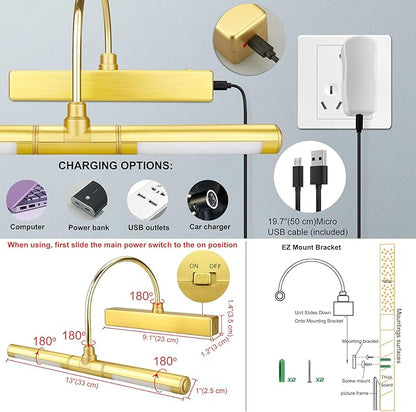 LUXSWAY Wireless Picture Lights for Paintings,Recgargeable Battery Art Display Light with Remote Control,Dimmable and Timer Off Dart Board Light with Aluminum Finish,Upgrade 12 Color Changing-Gold