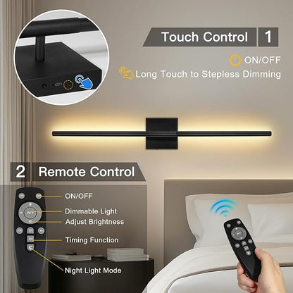 Battery Operated Wall Sconces Set of Two, Battery Wall Sconce with Remote Control, Black Modern LED Rechargeable Sconces, Wall Lights for Bedroom, Living Room, 2Pack, 31.5Inch