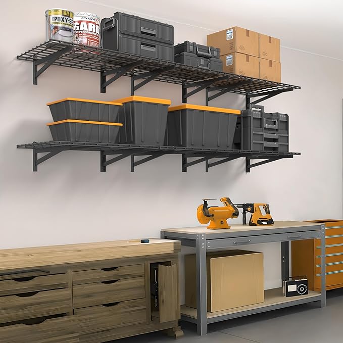 2 Pack Heavy Duty Garage Wall Shelving Set (1x4ft), Wall Mounted Garage Shelves 700lbs Capacity, 12