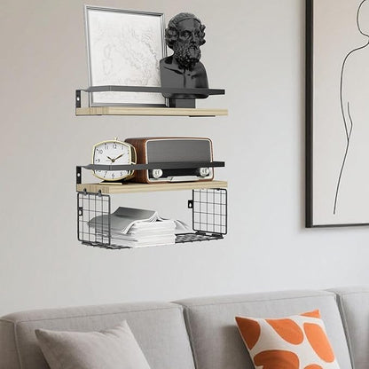 Floating Shelves with Wire Storage Basket for Toilet Paper, Wall Decor for Bathroom/Living Room/Kitchen/Bedroom, (Black-Natural-Black) Shelves for Home Decor