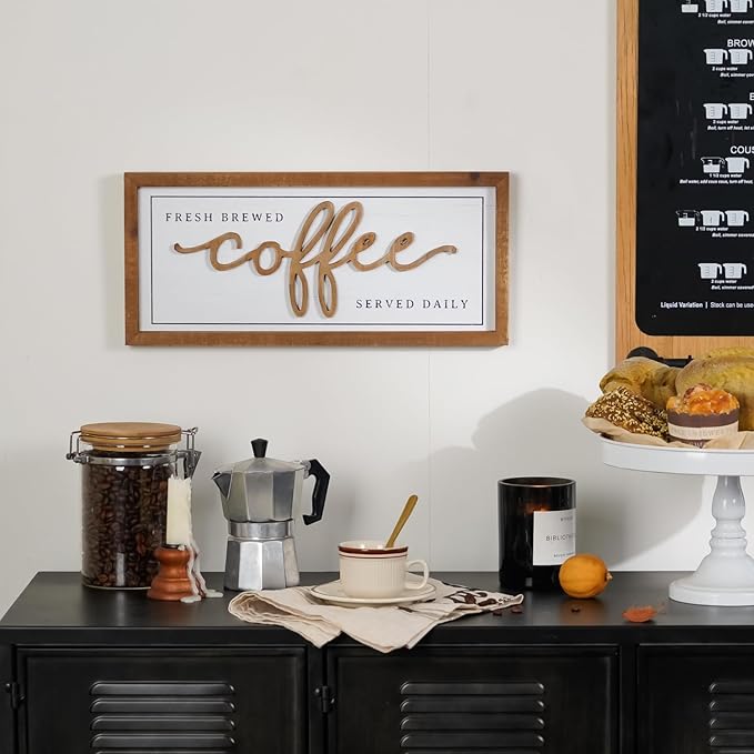 NIKKY HOME Farmhouse Coffee Signs For Bar, Vintage Wood Coffee Station Decorations For Home Counter And Kitchen, Rustic Wood Framed Hanging Wall Plaque 16x7 Inch