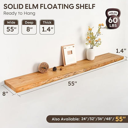 Live Edge Floating Shelf 55 Inch Extra Long | Solid Rustic Elm Wood with Invisible Brackets | Wall Mounted Shelf for Living Room, Kitchen, Bathroom | Natural