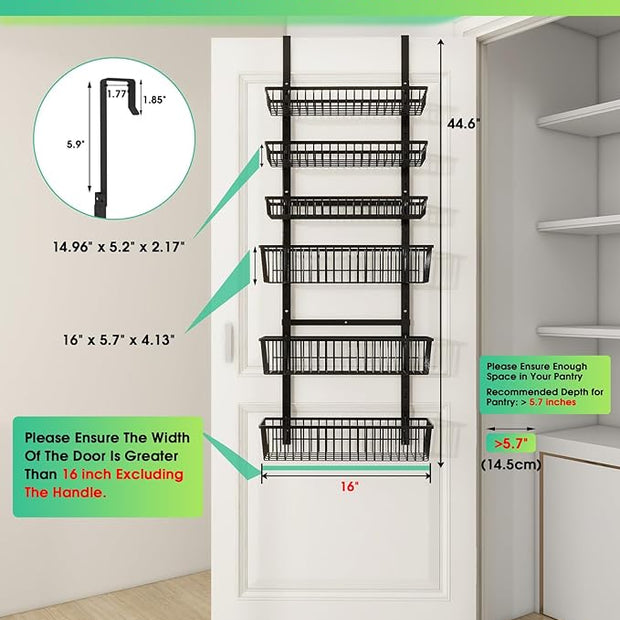Over The Door Pantry Organizer, Pantry Organization and Storage, 6-Tier Deep Baskets Hanging Heavy-Duty Metal, Wall Spice Rack Seasoning Shelves for Home & Kitchen, Laundry Room Bathroom, Black