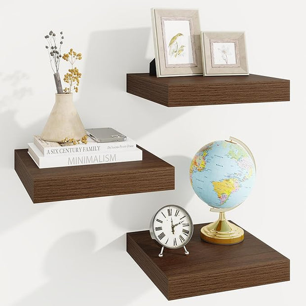 Marsmiles Square Floating Shelves for Wall, 12" W x 12" D x 1.5" H, 3 Pack Small Wall Mounted Engineered Wood Shelves with Invisible Brackets for Living Room, Bedroom, Bathroom, Kitchen Decor, Walnut