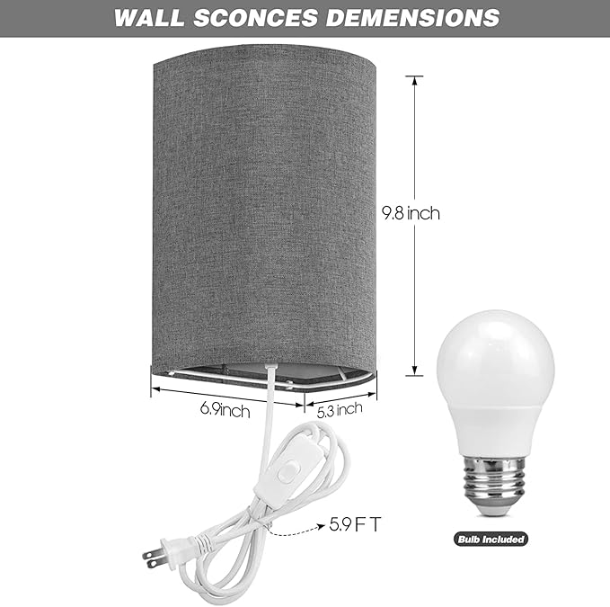 Wall Sconces Set of Two, Fabric Shades Plug in Wall Sconces, 3 Color Temperature Switching Modern Wall Light Fixtures, Wall Lamp with Plug in Cord, On/Off Switch Wall Lights for Bedroom Porch (Grey)