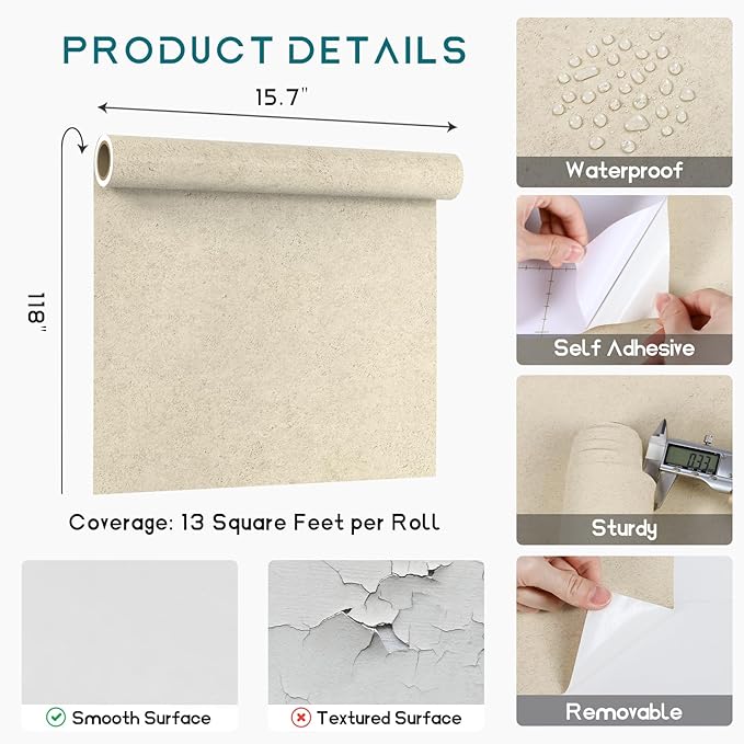 VEELIKE Neutral Cream Limewash Wallpaper Beige Concrete Wallpaper Peel and Stick for Bedroom Bathroom Kitchen 15.7''x354'' Self Adhesive Renter Friendly Concrete Contact Paper for Countertops Walls