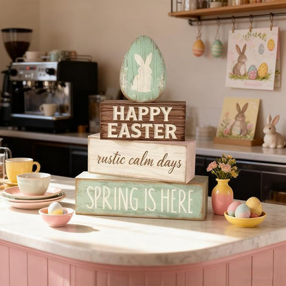 Easter Decorations - Happy Easter Bunny Egg Tiered Tray Decor - Wooden Easter Tabletop Sign - Rustic Farmhouse Spring Home Decor Indoor for Tiered Tray Shelf Mantel Entryway Coffee Table