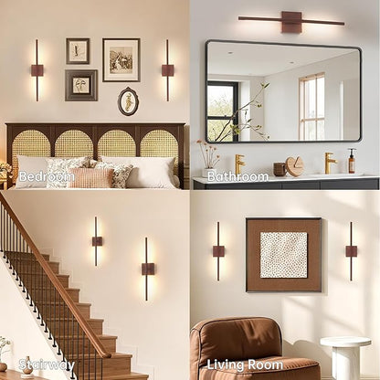 Battery Operated Wall Sconce Set of 2, 8000mAh Rechargeable Wall Sconces, 3000K-6000K Dimmable, 350°Rotate, Indoor Wall Lights for Bedroom Living Room Bathroom, Black Walnut, 23.6 Inch