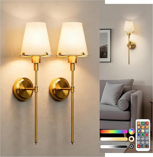 DORESshop Gold Battery Operated Wall Sconce Set of Two, Rechargeable Wall Sconce with Remote, 15 Colors, Wireless Sconces Set of 2 for Bedroom Living Room, 24.6in, Includes Daily & 3 Shade