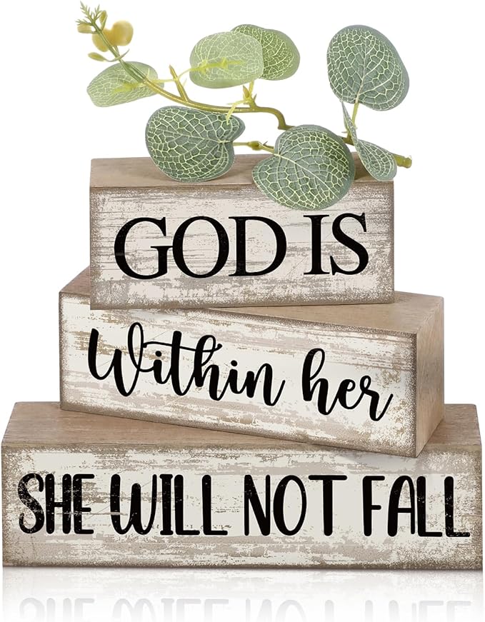 4 Pcs Christian Table Decor Inspirational Religious Gifts for Women God Is Within Her Bible Verse Wooden Block Signs Gift Farmhouse Christian Centerpiece for Mother's Day Home & Office