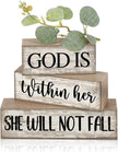 4 Pcs Christian Table Decor Inspirational Religious Gifts for Women God Is Within Her Bible Verse Wooden Block Signs Gift Farmhouse Christian Centerpiece for Mother's Day Home & Office