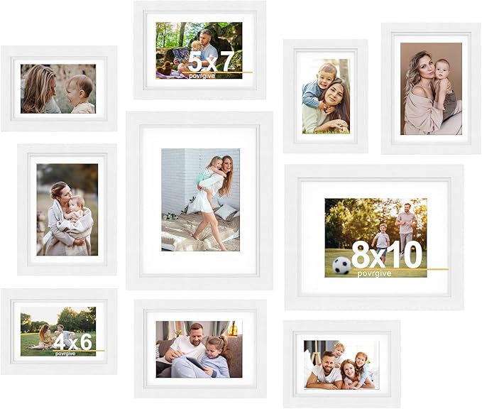 Picture Frames, Made of Real Glass and Wooden Frame, Gallery Photo Frames Set of 10 for Collage Wall Decor, Multi Sizes Including 8x10, 5x7, 4x6 for Mounting or Tabletop Display, White