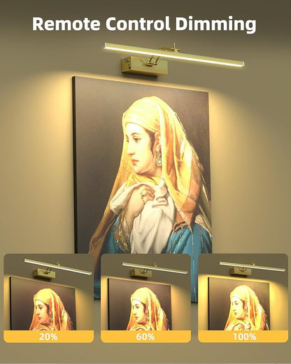 4Pack Rechargeable Picture Light, 5200mAh Brass Battery Operated Picture Lights for Wall with Remote Control, 300LM 3000K Warm White Light 16" Metal Dimmable Picture Light for Painting & Artwork