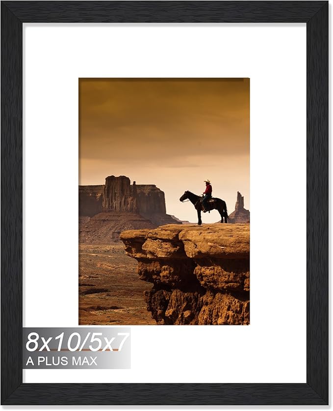 A PLUS MAX 8x10 Picture Frame, Engineered Wood Frame Display Photo 5x7 with Mat or 8 x 10 without Mat, 8 by 10 Frame with Black Wood Grain for Wall - 1 Pack/Black/8"x10"