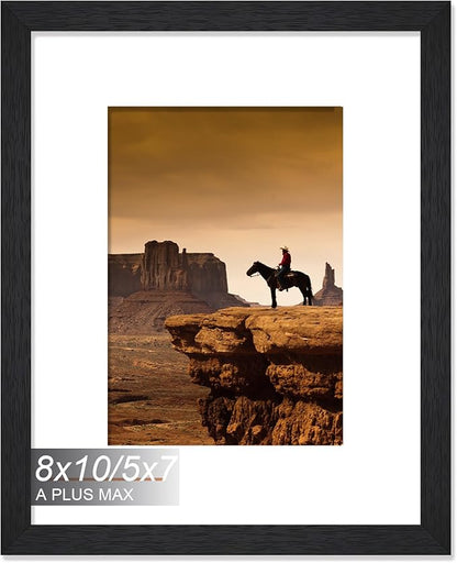 A PLUS MAX 8x10 Picture Frame, Engineered Wood Frame Display Photo 5x7 with Mat or 8 x 10 without Mat, 8 by 10 Frame with Black Wood Grain for Wall - 1 Pack/Black/8"x10"