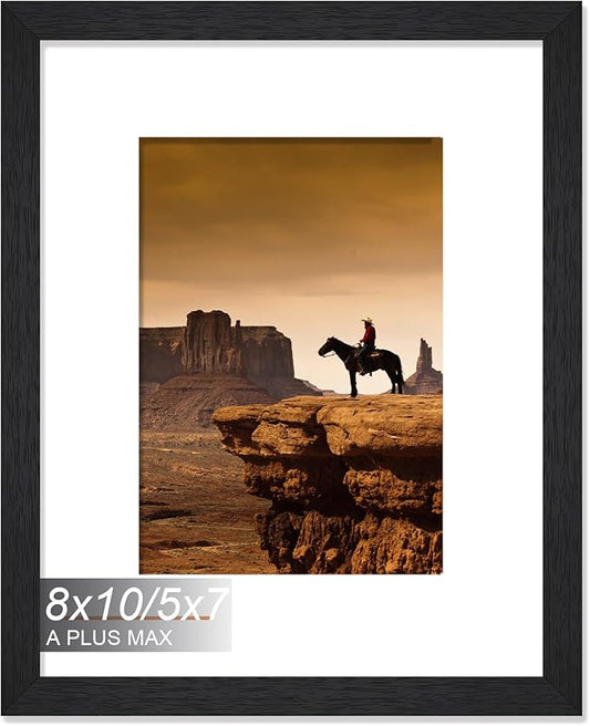 A PLUS MAX 8x10 Picture Frame, Engineered Wood Frame Display Photo 5x7 with Mat or 8 x 10 without Mat, 8 by 10 Frame with Black Wood Grain for Wall - 1 Pack/Black/8"x10"