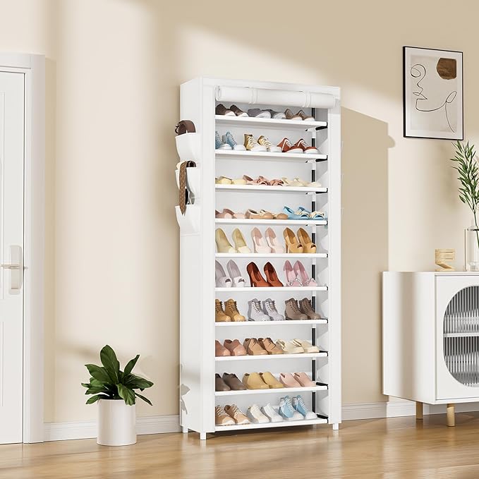 VTRIN Vertical Narrow Shoe Rack Organizer Tall Shoe Rack for Closet Entryway 10 Tier Non-Woven Cover Shoe Shelf Holds 36-41 Pairs Free Standing Shoe Storage Cabinet with Dustproof Cover, White