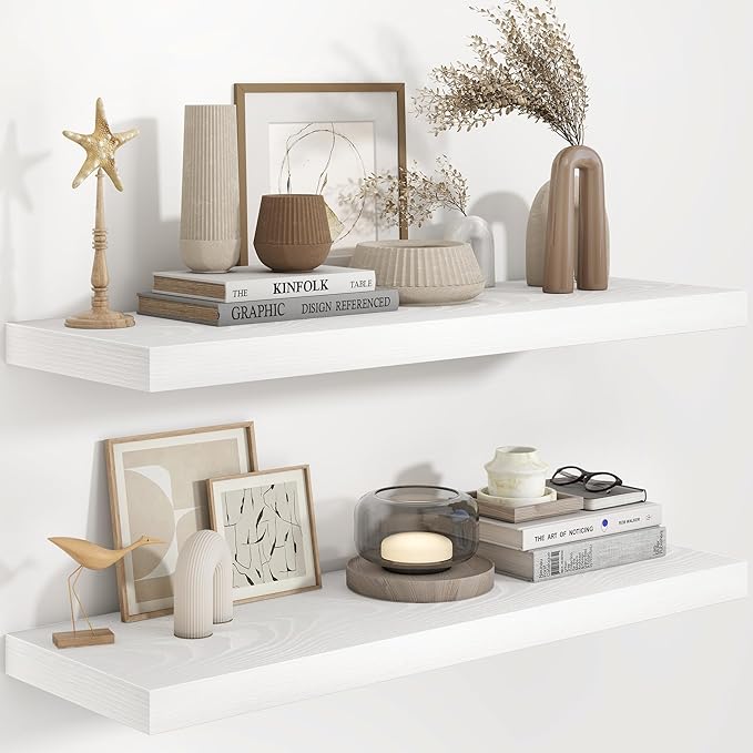 Fun Memories White Floating Shelves 36 Inch Long, 9.3 Inch Deep Floating Shelf 2 Pack for Wall Bathroom, Living Room, Kitchen, Large Long Wall Shelves with Heavy-Duty Bracket for Books Decor