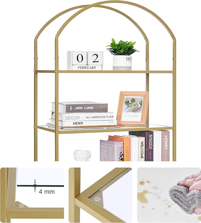 Homhedy Bookshelf Arched Display Racks,Metal Bookcase,Tempered Glass Shelves,Storage Rack Shelf for Home Office,Living Room,Bedroom, Bathroom,Modern Style (Golden, 11.8
