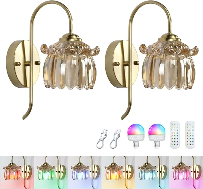 GEEZO Vintage Battery Operated Wall Sconce, with Rechargeable Battery Powered Wall Light with Remote Control for Bedside Bedroom