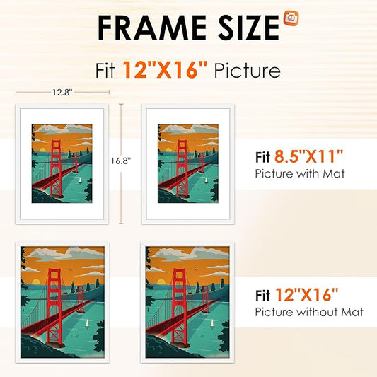 FIXSMITH 12x16 Picture Frame White Set of 4, Photo Frame with HD Plexiglass, Display Pictures 8.5x11 with Mat or 11x17 Without Mat, White Picture Frames Collage Wall Decor, Gallary Wall Frame