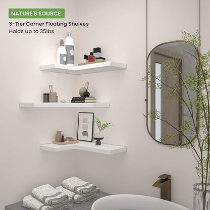 NATURE'S SOURCE Corner Floating Shelves with Invisible Brackets, Corner Shelves Wall Mounted Set of 3, Bedroom Bathroom Kitchen Living Room Office- Modern Style 16.6" x 6" (White)