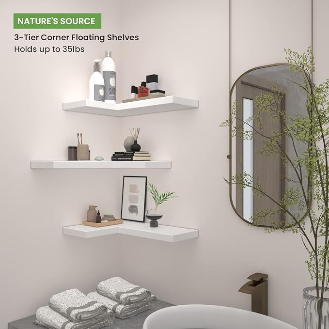 NATURE'S SOURCE Corner Floating Shelves with Invisible Brackets, Corner Shelves Wall Mounted Set of 3, Bedroom Bathroom Kitchen Living Room Office- Modern Style 16.6
