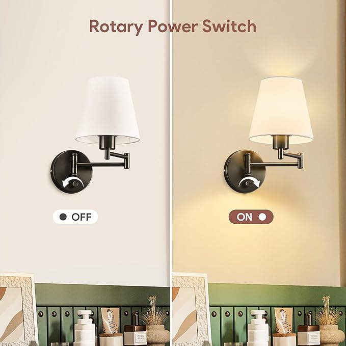 VONLUCE Wall Sconce Set of 2, Plug in & Hardwired Swing Arm Wall Lamps, Adjustable Wall Mounted Lighting Fixtures, Modern Wall Lights with Black Base White Fabric Shade for Bedside, Hallway, Study
