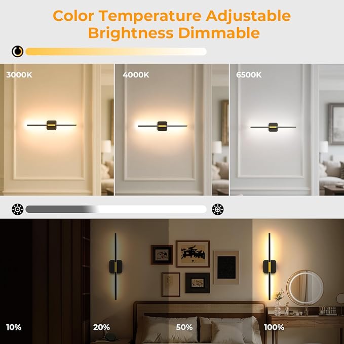 Battery Operated Wall Sconces Set of 2, Detachable 360°Rotate Wall Lamps, 3000-6500K Dimmable with Remote Control, 10000mAh Rechargeable Wall Light for Bedroom, Living Room, 28.3" Black Gold