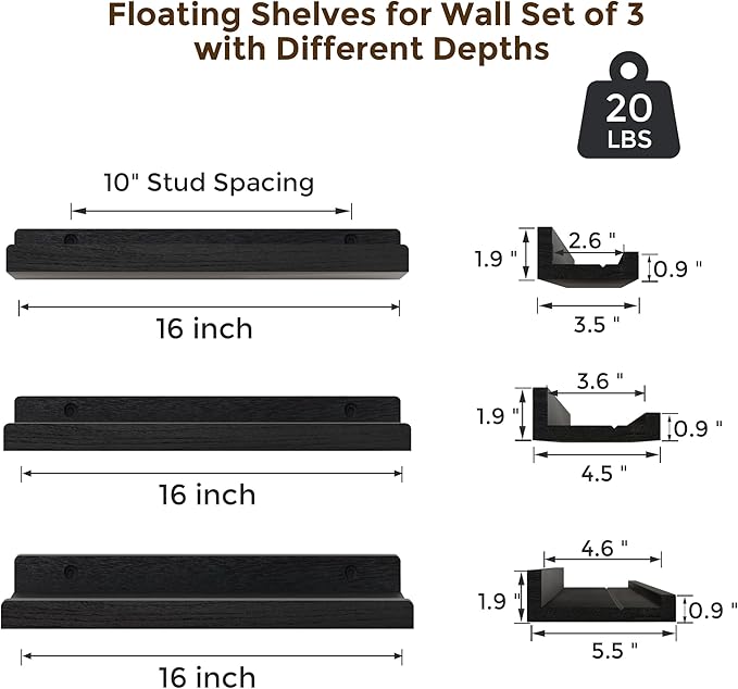 Floating Shelves for Wall, 16 inch Solid Wood Picture Ledge Shelf for Wall Storage, Nursery Book Shelves with Lip for Living Room Bathroom Bedroom Kitchen, Set of 3, Distressed Black