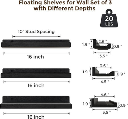 Floating Shelves for Wall, 16 inch Solid Wood Picture Ledge Shelf for Wall Storage, Nursery Book Shelves with Lip for Living Room Bathroom Bedroom Kitchen, Set of 3, Distressed Black