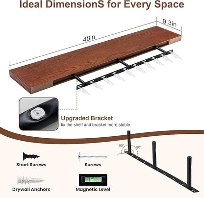 RICHFOCUS Floating Shelves for Wall | 48W x 9.3D Rustic Floating Shelves with Solid Ash Wood Veneer Set of 1 | Wood Wall Shelves with Upgraded Brackets | for Living Room Bathroom Home Office