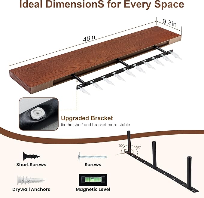 RICHFOCUS Floating Shelves for Wall | 48W x 9.3D Rustic Floating Shelves with Solid Ash Wood Veneer Set of 1 | Wood Wall Shelves with Upgraded Brackets | for Living Room Bathroom Home Office