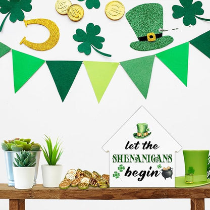 Funny St. Patrick's Day Irish Decor, Let the Shenanigans Begin House Shaped Wood Block Sign, Home Decor for Desk Table Shelf, St Patricks Day Decorations