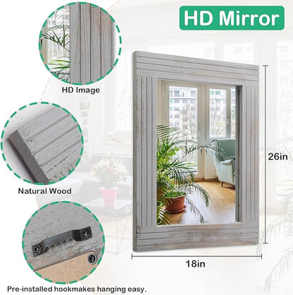 Large Rustic Wall Mirror, Rectangular Vintage Wood Framed Large Mirror Deco Farmhouse Living Room Bathroom Bedroom Entrance Mirror Light Gray 26" x 18"