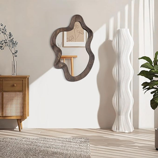 Asymmetrical Wavy Mirror for Wall Decor - Large Cute and Stylish Unique Wooden Framed Artistic Cloud Mirror, 21.6"x15" - Decorative for Living Room, Bedroom, Bathroom, Entryway