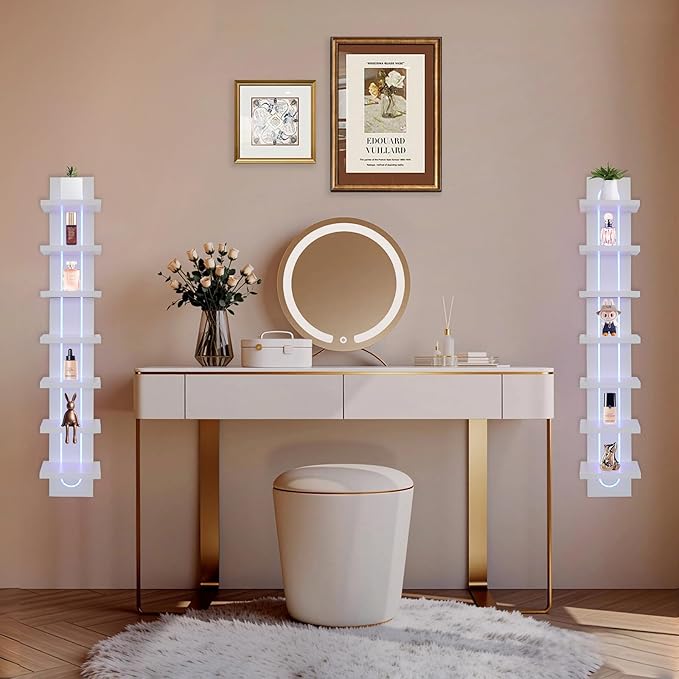 7 Tier Wall Shelf Unit with Light-Small Floating Shelves for Home Decor, Modern Unique Asymmetric Design for Bedroom & Living Room Storage