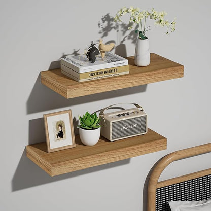 INHABIT UNION Oak Floating Shelves Wood for Wall 15.7in Wall Mounted Display Ledge Shelves Perfect for Bedroom, Bathroom, Living Room and Kitchen Decoration Storage (Set of 2)