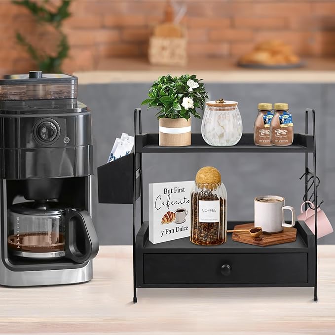 Coffee Bar Accessories and Organizer Countertop, Coffee Station Organizer 2 Tier Counter Shelf with Drawer, Condiment Storage Cup Lid Holder Countertop Shelf for Bathroom,Kitchen