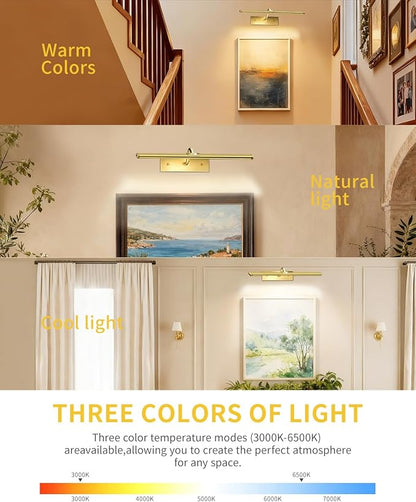 16 Inch Dimmable Picture Light, Gold LED Art Painting Wall Light with Remote Control & Timer, 3 Color Temperatures, Battery Operated Wall Sconce for Framed Pictures (Golden, 16 INCH)