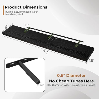 Fun Memories 72 Inch Floating Shelves for Wall, Fireplace Mantel Shelf with Invisible Heavy Duty Bracket, 8 Inch Deep Storage Shelf for Living Room, Kitchen, Farmhouse, Black