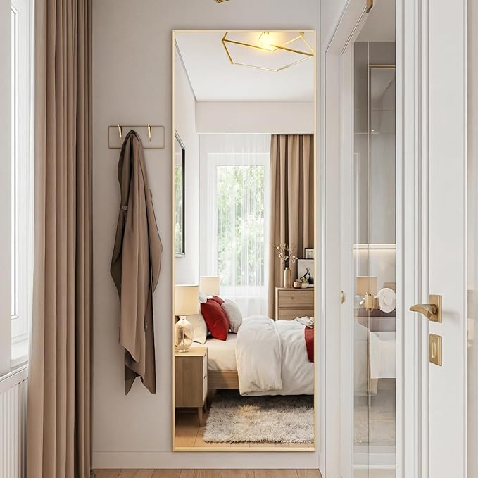 OLIXIS Full Length Mirror 59"x16.3" for Bedroom, Full Body Mirror with Stand, Hanging or Leaning for Wall, Aluminum Alloy Thin Frame Floor Standing for Living Room, Long, Gold
