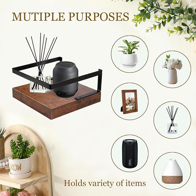 ARTORA Wall Mounted Plant Holder, Wooden Floating Shelf with Invisible Bracket Wall Mount Wood Rack Small Decorative Display Shelves with Gaurdrail for Bedroom Living Room Bathroom (Brown, 1 Pack)