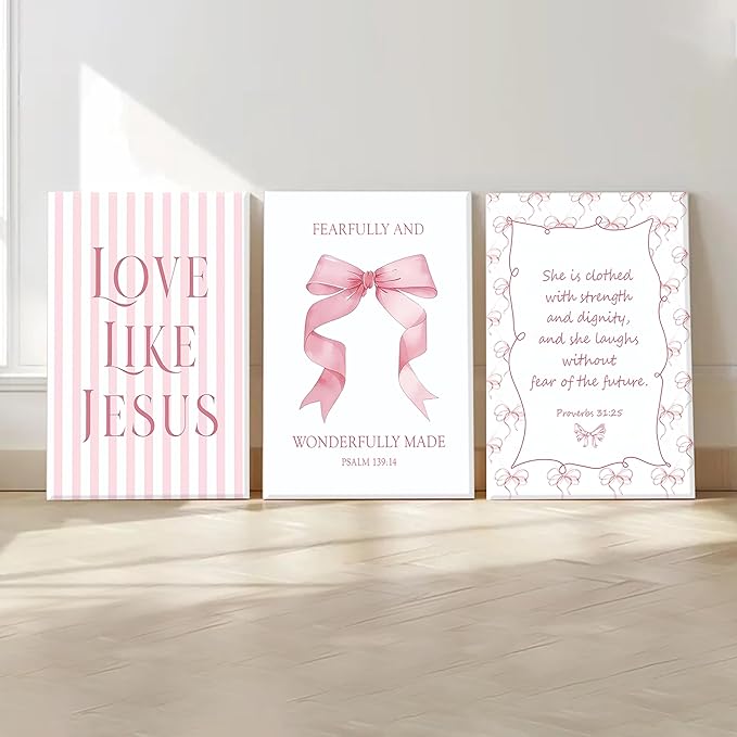 Coquette Pink Bow Wall Art Set of 3, Light Pink Bow Dorm Room Wall Decor Paintings, Inspirational Scripture Verses Canvas Posters Prints Pictures for Girls Dorm Room Bedroom Bathroom 16x24 Inch Framed