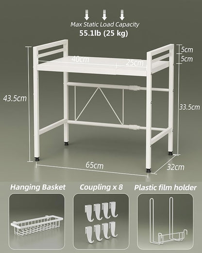 NETEL Expandable Microwave Stand,2 Tier Metal Kitchen Countertop Organizer Shelves with Paper Towel Holder and Baskets,Bakers Rack,Microwave Shelf,Microwave Oven Rack,55lbs Weight Capacity,White