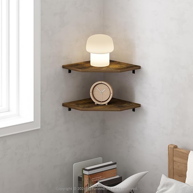 Furinno Rossi Hexagon Floating Shelves for Wall, Set of 2 Geometric Corner Shelf, Wall Mounted Shelves for Bathroom, Home Office, Living Room, Amber Pine