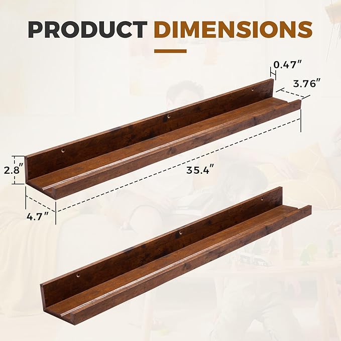 Muzilife 35.4" Large Floating Wall Ledge Shelves with Lip - Set of 2 Rustic Wood Floating Shelves - Honey Brown Wall Mounted Picture Ledge for Office, Bathroom, Bedroom, Living Room, Kitchen