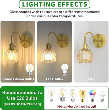Wall Sconces Lights Lamp for Bedroom Bathroom, Modern Vanity Light Fixtures, Wall Mount Lighting Vintage Tulip Amber Glass Shade for Living Room Mirror Hallway Kitchen