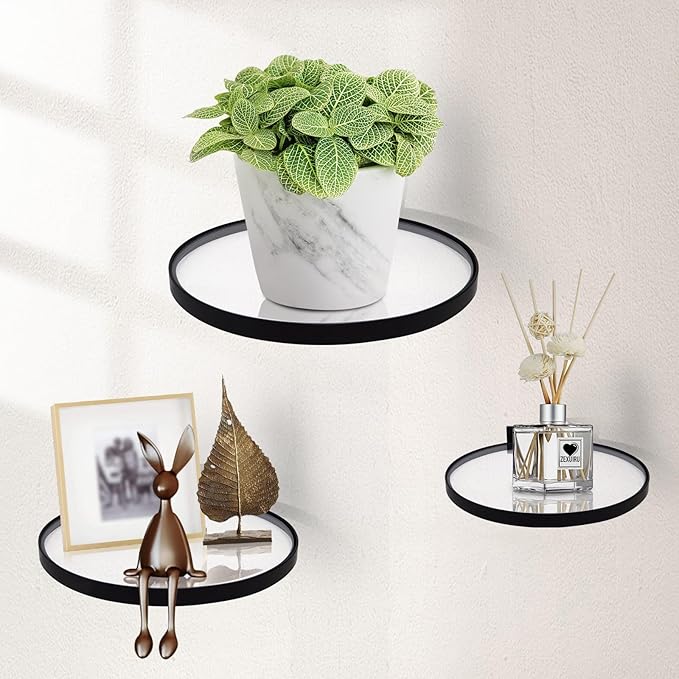 ZEXUIRU 3 Set Glass Decorative Floating Shelves Metal Frame Display Shelf Wall Decor for Home Office Mixed Size